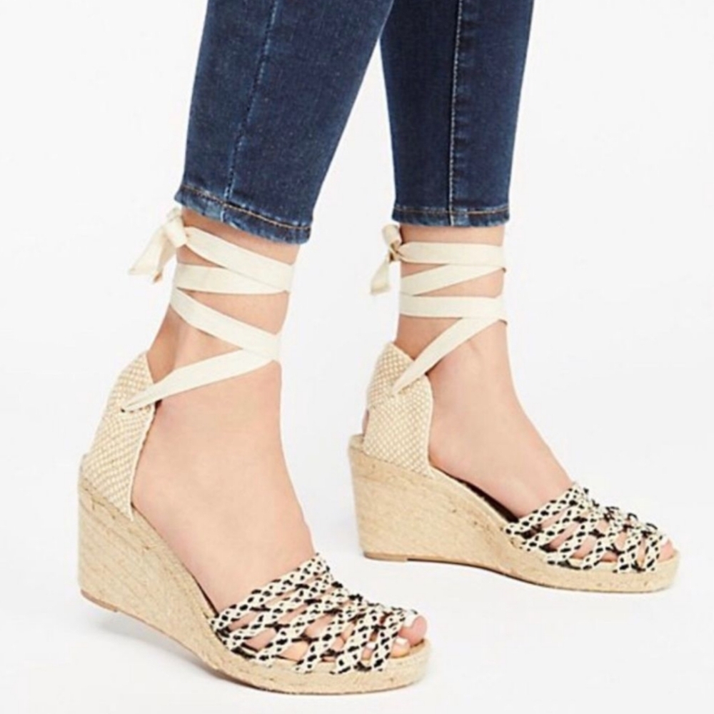 NEW Free People Women's Amalfi Coast Ankle Wrap Espadrille Wedge Sandal Natural